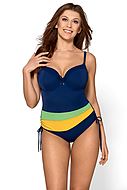 One-piece swimsuit, smooth microfiber, real bra cups, colorful stripes, B to I-cup